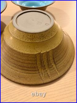 Vintage Japanese Studio Art Pottery 3 Bowl Set Teal Blue Glaze Stamped Signed