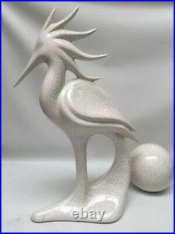 Vintage Jaru Pottery Ceramic Bird/Orb Statue Sculpture White Crackle Modern 2 pc