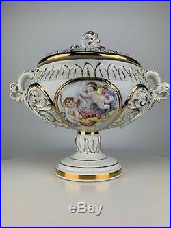 Vintage Keramos Capodimonte Tureen Soup Italy Angels Porcelain Pedestal Bowl Lid