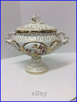 Vintage Keramos R. Capodimonte Pedestal Bowl & Lid Cherub Italy Soup Tureen
