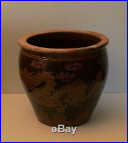 Vintage LARGE Chinese Pottery DRAGON Fish Bowl Jardiniere Planter Vase Art Craft