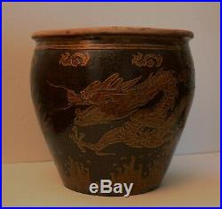 Vintage LARGE Chinese Pottery DRAGON Fish Bowl Jardiniere Planter Vase Art Craft