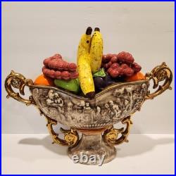 Vintage Large Hand Painted Italian Ceramic Fruit Bowl Centerpiece withGold Handles