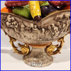 Vintage Large Hand Painted Italian Ceramic Fruit Bowl Centerpiece withGold Handles