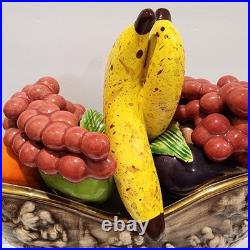 Vintage Large Hand Painted Italian Ceramic Fruit Bowl Centerpiece withGold Handles
