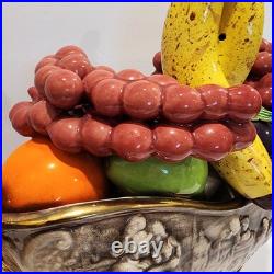 Vintage Large Hand Painted Italian Ceramic Fruit Bowl Centerpiece withGold Handles