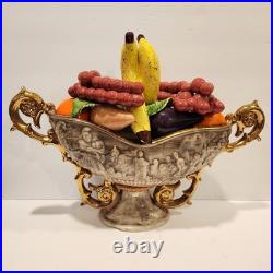 Vintage Large Hand Painted Italian Ceramic Fruit Bowl Centerpiece withGold Handles