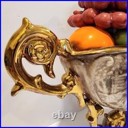 Vintage Large Hand Painted Italian Ceramic Fruit Bowl Centerpiece withGold Handles