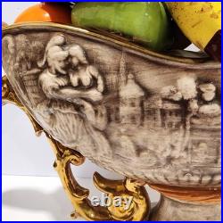 Vintage Large Hand Painted Italian Ceramic Fruit Bowl Centerpiece withGold Handles