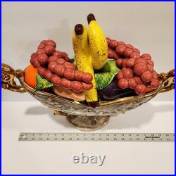 Vintage Large Hand Painted Italian Ceramic Fruit Bowl Centerpiece withGold Handles