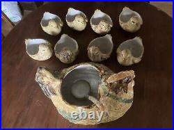 Vintage Louisville Stoneware Pottery Chicken Centerpiece & 8 Soup Bowls & Ladle