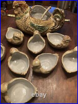 Vintage Louisville Stoneware Pottery Chicken Centerpiece & 8 Soup Bowls & Ladle