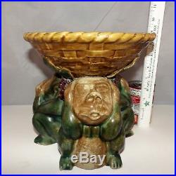 Vintage MAJOLICA 3 Wise Monkeys Pedestal Center Fruit Bowl Rare EUC