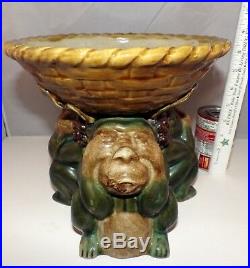 Vintage MAJOLICA 3 Wise Monkeys Pedestal Center Fruit Bowl Rare EUC