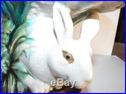 Vintage MAJOLICA Bunny Bunnies Rabbit Ceramic Pedestal Bowl Dish Green Turquoise