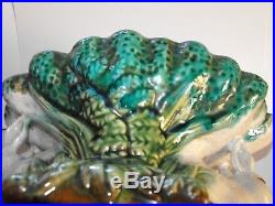 Vintage MAJOLICA Bunny Bunnies Rabbit Ceramic Pedestal Bowl Dish Green Turquoise
