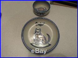 Vintage M. A. Hadley Studio Pottery Cat Kitten Bowl And Saucer Great Shape Rare