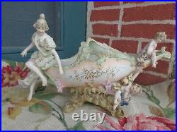 Vintage Maiden Cherub Shell Boat Bisque Figurine Large Centerpiece Bowl