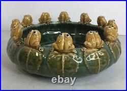 Vintage Majolica 12 Seated Frogs On Lilly Pad Bowl Planter Ceramic 10.5 x 4