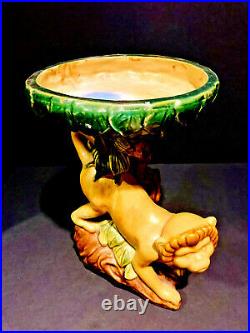 Vintage Majolica Glazed Ceramic Capuchin Monkey Pedestal Compote Dish or Tazza