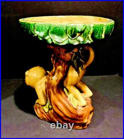 Vintage Majolica Glazed Ceramic Capuchin Monkey Pedestal Compote Dish or Tazza