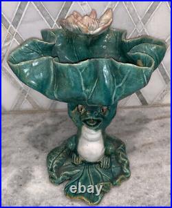 Vintage Majolica Green Frog Boy Compote Lotus Flower Lily Pad 9T Signed