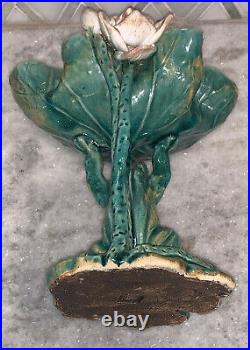 Vintage Majolica Green Frog Boy Compote Lotus Flower Lily Pad 9T Signed