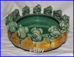 Vintage Majolica Green Yellow Bowl Dish Planter w Elephant Figures On Rim 7 1/2