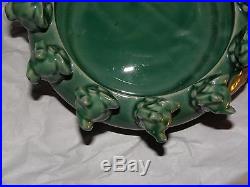 Vintage Majolica Green Yellow Bowl Dish Planter w Elephant Figures On Rim 7 1/2