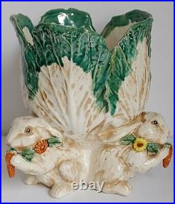 Vintage Majolica Pedestal Bunny Rabbit Cabbage Leaf Bowl Decorative Planter