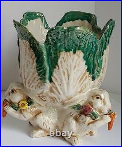 Vintage Majolica Pedestal Bunny Rabbit Cabbage Leaf Bowl Decorative Planter