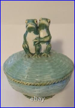 Vintage Majolica Pottery Covered Serving Bowl with Frog Finial