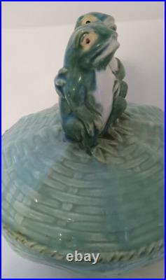 Vintage Majolica Pottery Covered Serving Bowl with Frog Finial