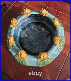 Vintage Majolica Style Frog Lily Pad Bowl Planter Turquoise Glaze 8 Frogs