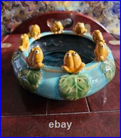 Vintage Majolica Style Frog Lily Pad Bowl Planter Turquoise Glaze 8 Frogs