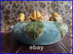 Vintage Majolica Style Frog Lily Pad Bowl Planter Turquoise Glaze 8 Frogs