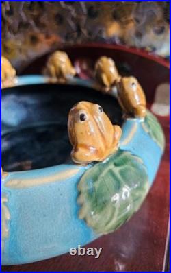 Vintage Majolica Style Frog Lily Pad Bowl Planter Turquoise Glaze 8 Frogs