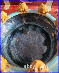 Vintage Majolica Style Frog Lily Pad Bowl Planter Turquoise Glaze 8 Frogs