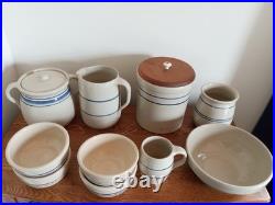 Vintage Marshall Pottery Mixed Lot tan with cobalt and blue stripe bowls etc