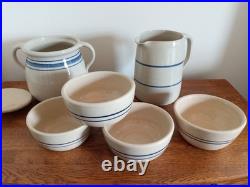 Vintage Marshall Pottery Mixed Lot tan with cobalt and blue stripe bowls etc