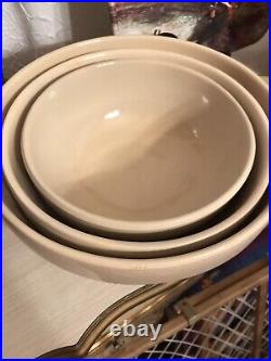 Vintage Marshall Pottery Stoneware Mixing Bowls Tan W Blue Stripes set of 3