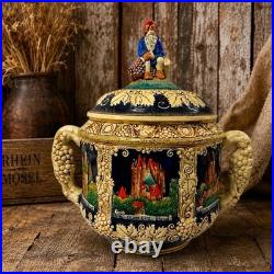 Vintage Marzi & Remy Germany Castle Stoneware Punch Bowl Gnome Lid 12 Wide