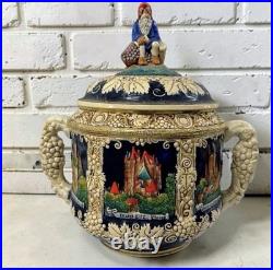 Vintage Marzi & Remy Germany Castle Stoneware Punch Bowl Gnome Lid 12 Wide