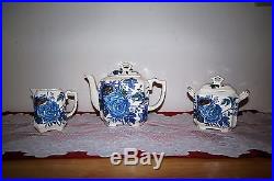 Vintage Mason's Belvedere Blue Ironstone England Teapot, Creamer, Sugar Bowl