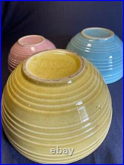 Vintage McCoy 3 Piece Matte Pastel Color Glaze Ribbed Mixing Nesting Bowl Set