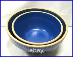 Vintage McCoy Heavy Hand Thrown Ceramic Art Pottery Mixing Bowls x2 Blue Cobalt