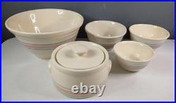 Vintage McCoy Pink Blue Stripe Set Bean Pot Ovenware Mixing Bowl 6 7 8 12