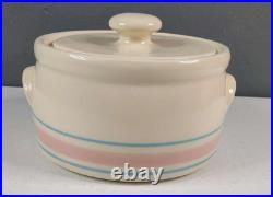 Vintage McCoy Pink Blue Stripe Set Bean Pot Ovenware Mixing Bowl 6 7 8 12