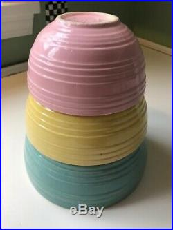 Vintage McCoy Pottery Beehive Aqua Yellow Pink Ceramic Nesting Mixing Bowls 3