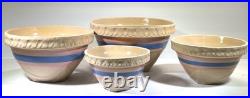 Vintage McCoy Yellow Ware Pottery Mixing Bowl Set Of 4 Pie Crust Rim Pink Blue Vintage McCoy Yellow Ware Pottery Mixing Bowl Set Of 4 Pie Crust Rim Pink Blue